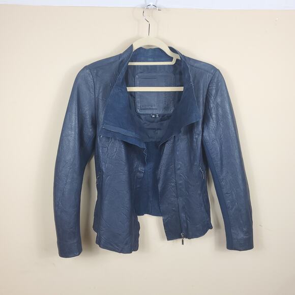 Cigno Nero Blue Leather Moto Jacket Size 36 - Picture 2 of 12